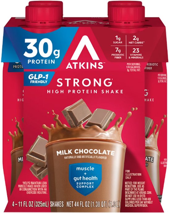 Atkins Strong Milk Chocolate high protein shake, 4 fl oz verpakking met 30g eiwit per portie en 2g netto koolhydraten.