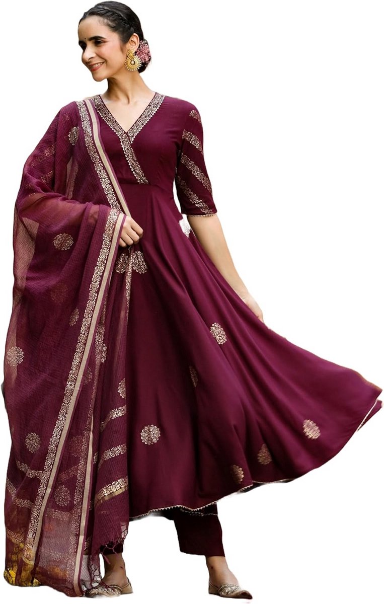 Elegante Anarkali Kurta Set Dames met Traditionele Bedrukte Dupatta - Zacht Viscose Materiaal