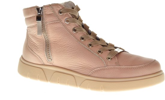 Roze leren Ara sneaker met veters en rits, met bontvoering.
