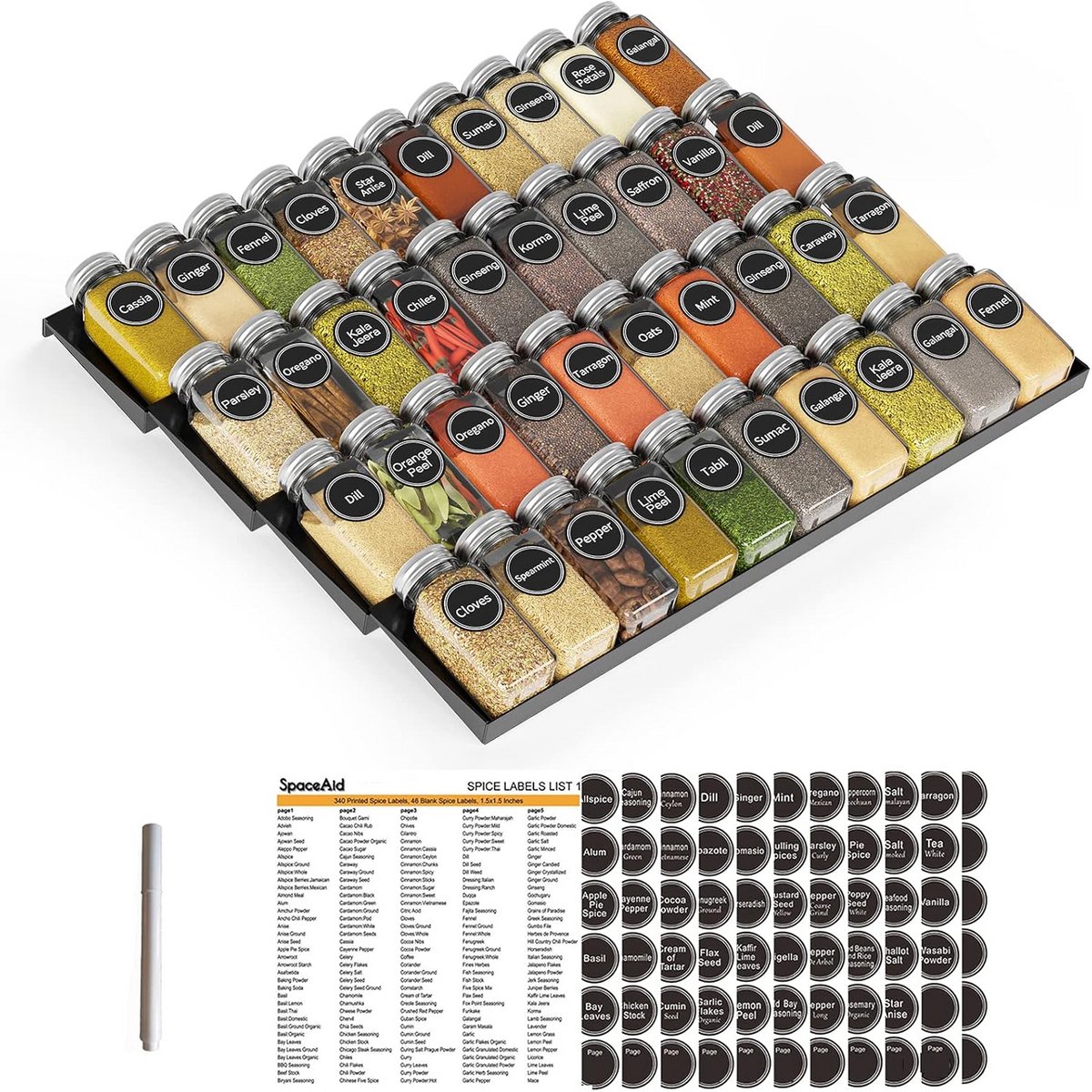 4‑laagse kruidenladehouder met 40 glazen potjes en 386 labels - ruimtebesparend