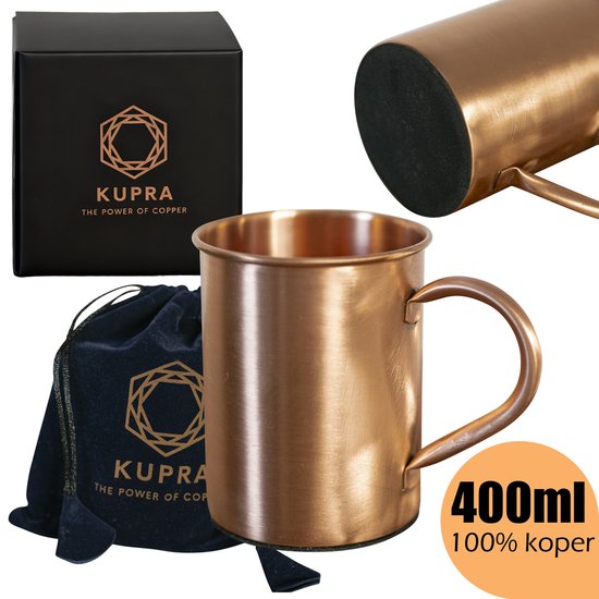 Kupra Premium Mok Cuivre - 400ml - 100% Cuivre Pur - Avec Sac de Transport en Velours - Avec Fond en Feutre - Avec Poignée de Transport - Fabriqué à la Main - Bouteille en Cuivre - Gobelet en Cuivre - Tasse à Boire en Cuivre - Ayurvéda