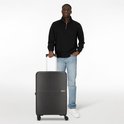 Een man met een zwarte koffer met geribbelde textuur, TSA-slot en vier wielen.