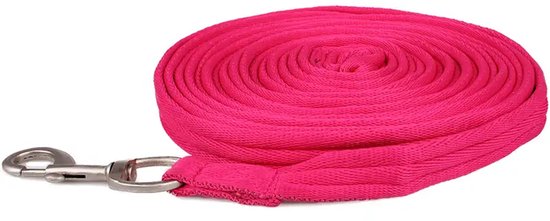 Fuchsia longeerlijn van QHP, opgerold, met zilverkleurige musketonhaak en ring.