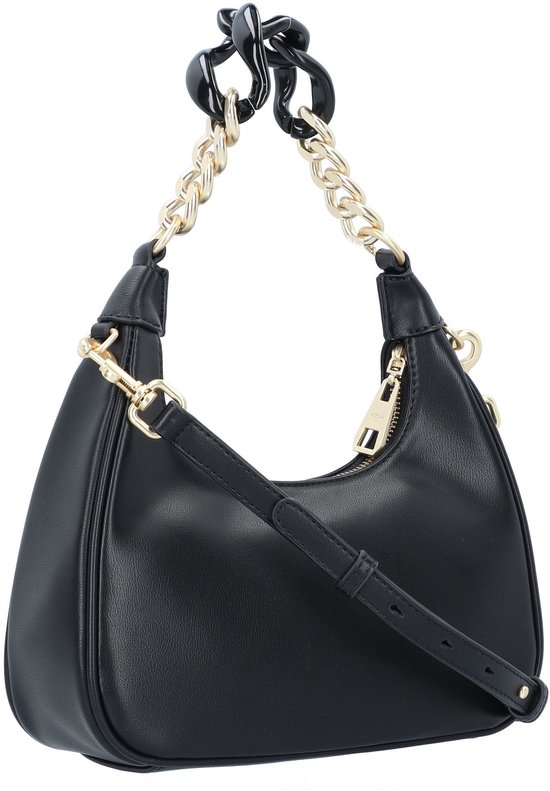 Sac à bandoulière noir avec chaîne à maillons dorés et poignée torsadée.