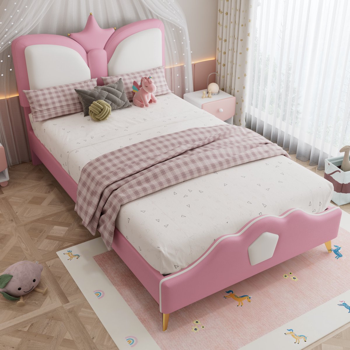 PHOEBE CAT Gestoffeerd bed - 90 x 200 cm - Strik hoofdbord met - Kunstleer - Meisjes kinderbed - Roze + wit