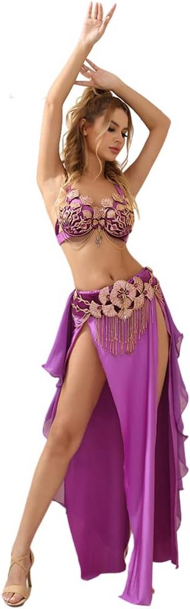 Bellydance Outfit voor Vrouwen – Glitterende Beha, Riembestendige Chiffon Rok