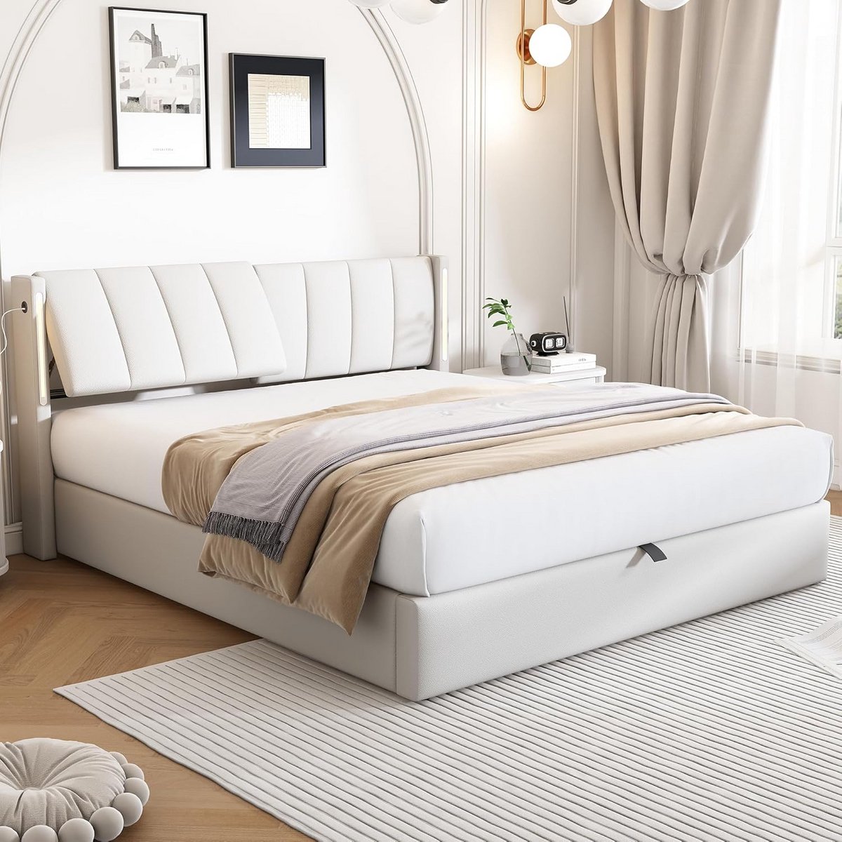 Gestoffeerd tweepersoonsbed 160x200 cm met opbergruimte en LED-verlichting