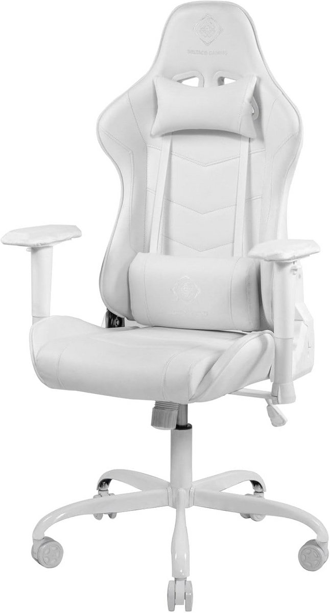 Ergonomische Gaming Stoel met Lendekussen en Verstelbare Armsteunen, Wit