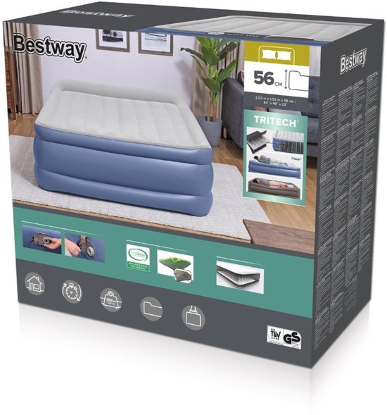 Bestway - Luchtbed - 2-Persoons - 152×203×56 cm - Grijs/Blauw - Met Ingebouwde Elektrische Pomp - Incl. 3-in-1 Opbergtas - 2-persoons Luchtbed - Luchtbed Met Pomp - Luchtbed Voor Binnen Gebruik - Luchtbed Met Kussen - Luchtbed Voor Logeerpartijen van Merkloos — afbeelding 2