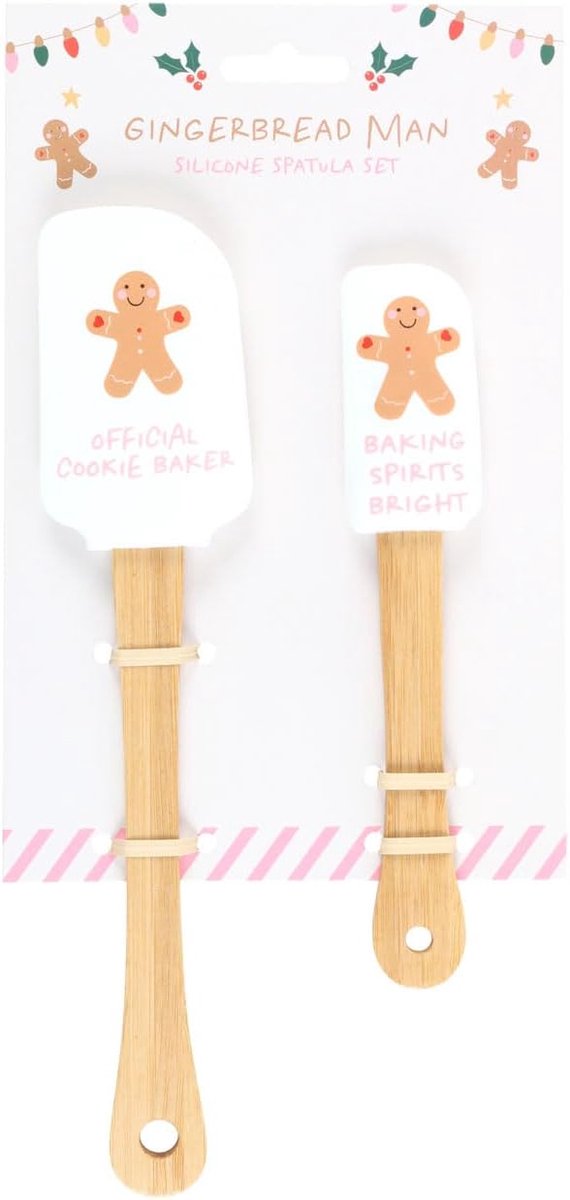 Gingerbread Man Spatelset – 2-delig Pannenlikker Set (Volwassene & Kind) – Kerst Bakspullen – Siliconen Spatels met Bamboe Handvat – Sugarplum Fun