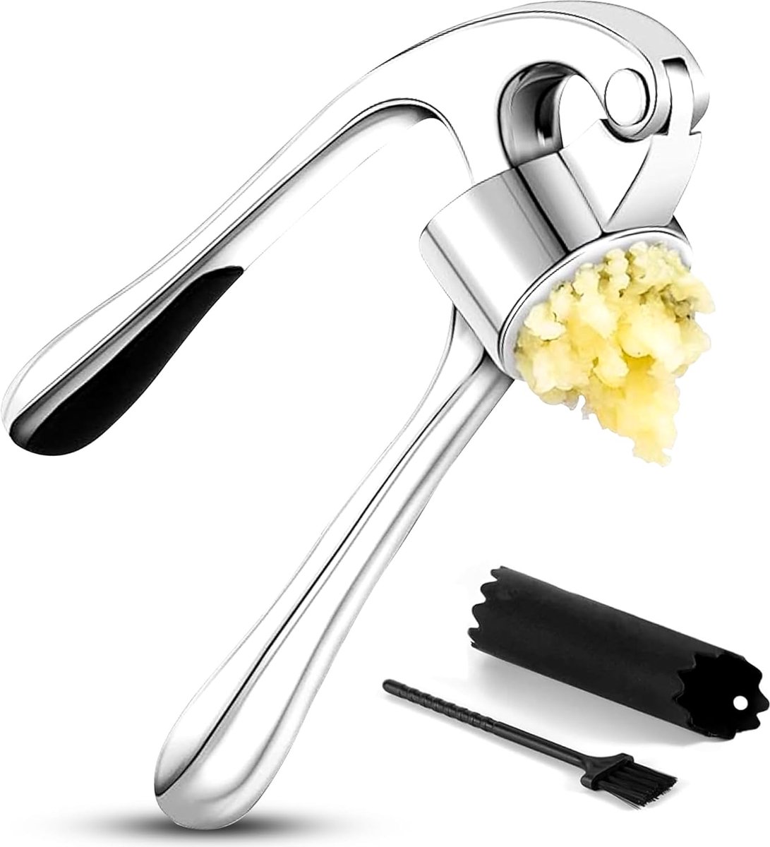 Daity Deze 3-delige knoflookpersset is een professionele knoflookpers die vaatwasserbestendig is en wordt geleverd met een zachte, ergonomische handgreep, een siliconen dunschiller en een reinigingsborstel (zilver en zwart).