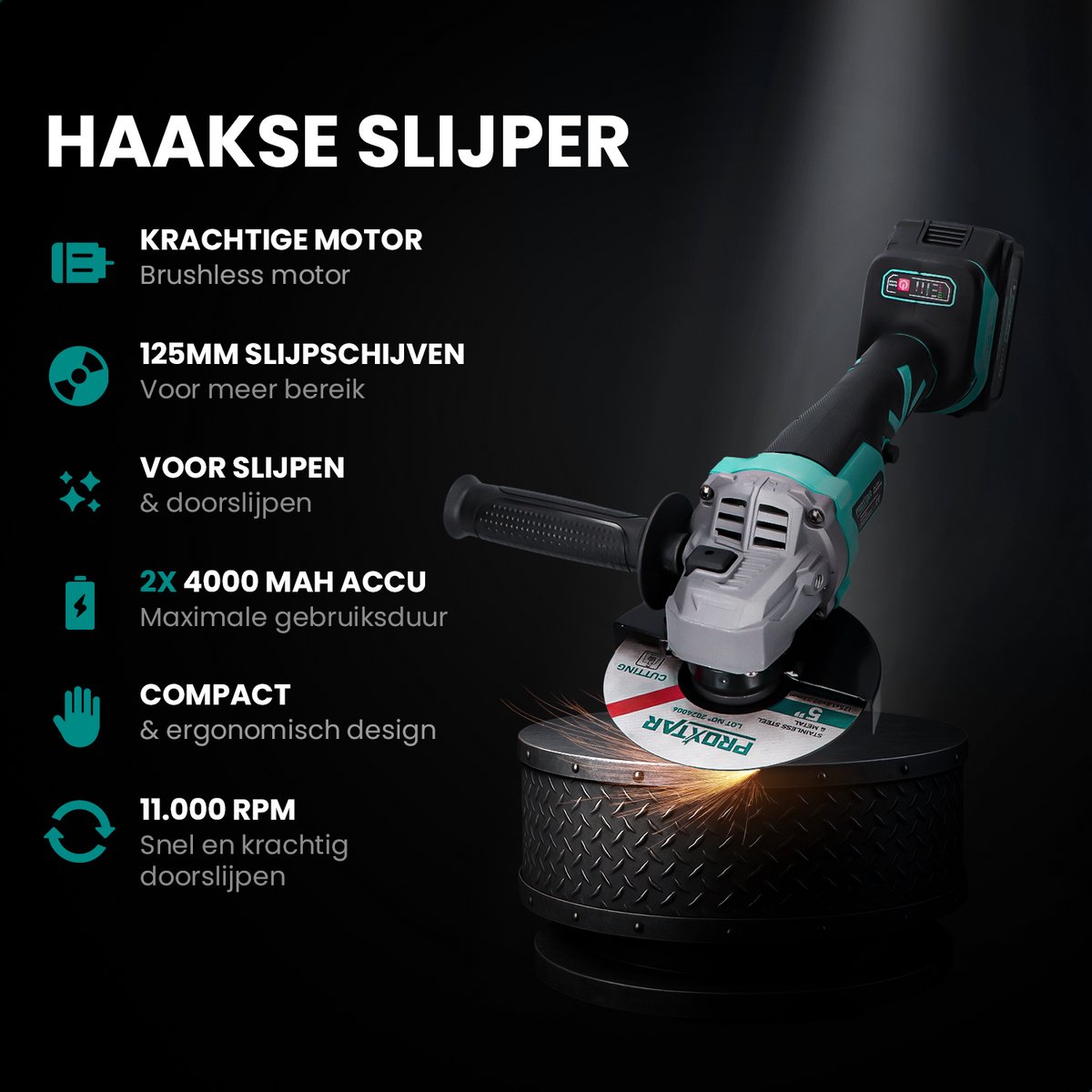 ProXtar Haakse Slijper - Elektrische Slijpmachine - Draadloze Slijptol - Incl. 8x schijven & 2x Accu - Ø125MM – foto 2