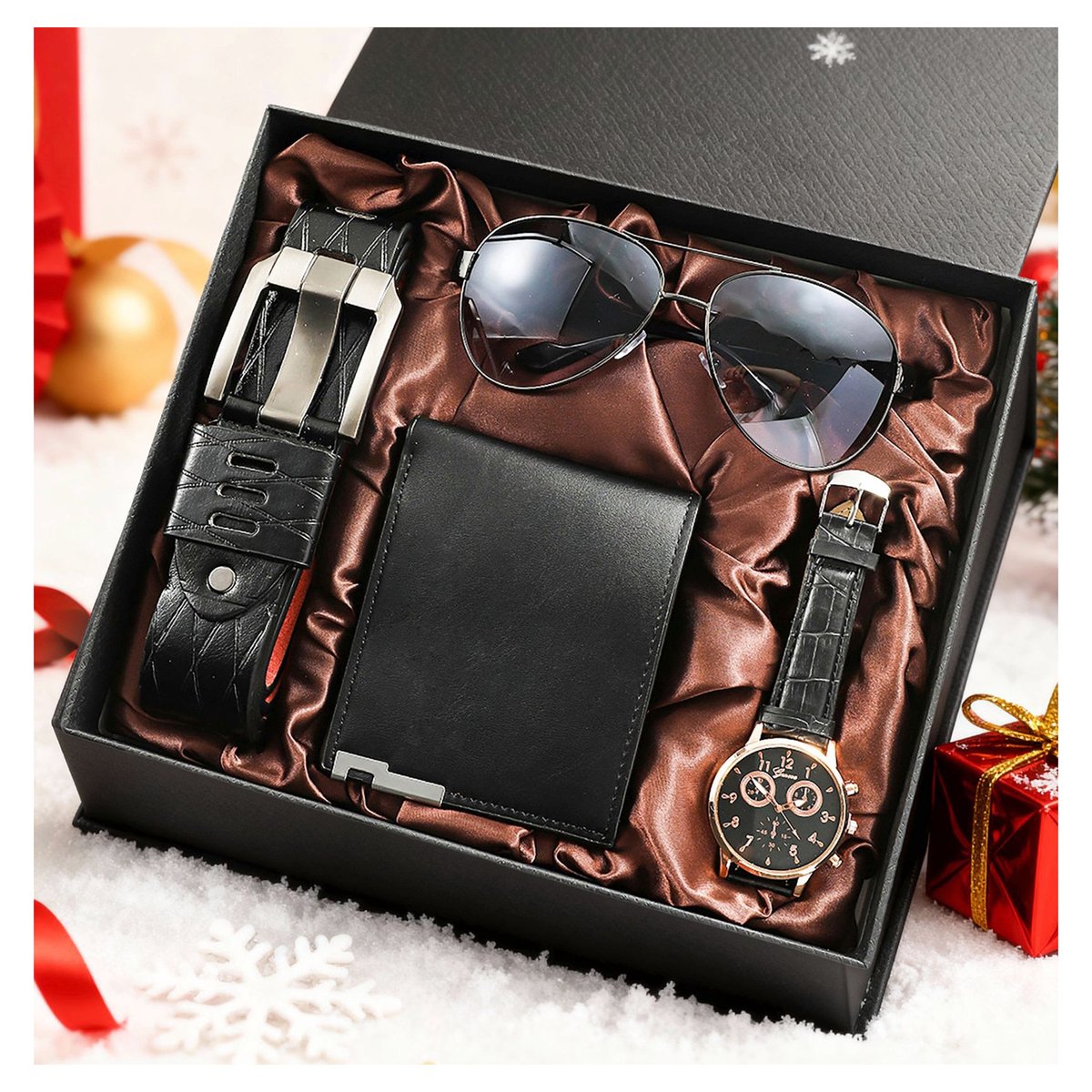 OYLCDI Portemonnee 4-delige Cadeauset voor Mannen Herenhorloge Riem Set -Mannen Verjaardag Huwelijksdag Cadeaus -Vaderdag Cadeaubox -Verjaardagscadeau -Kerstcadeau -Heren Cadeaubox Sets met Leren Riem Portemonnee Horloge Bril