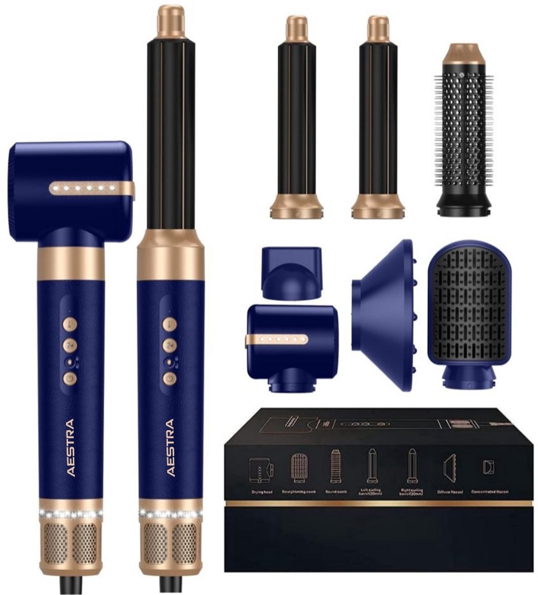7 in 1 Hairwrap Pro - 110.000RPM - Aestra - Föhn met Diffuser - Krultang - Krulborstel - Föhnborstel - Airstyler - 1400W - Haarborstel - Navy