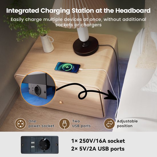 Geïntegreerd laadstation bij het hoofdeinde met stopcontact en USB-poorten, met pijl die de aansluiting aangeeft.