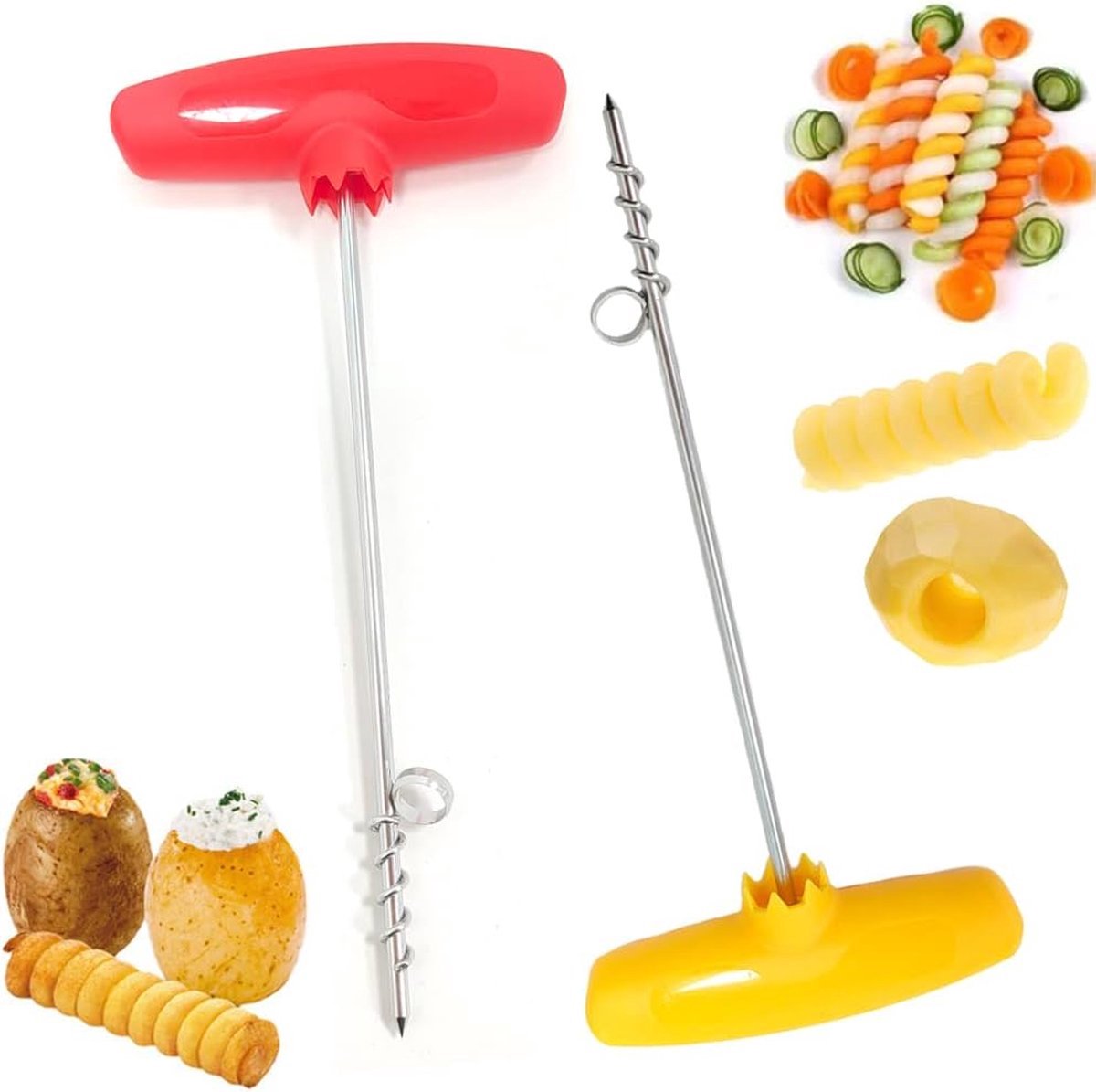 Stunq® 2 stuks groentespiraalmessen, spiraalaardappelsnijder, holle aardappelspiraalmachine, handmatige spiraalschroefsnijder, aardappeluithollingsmes voor komkommer, wortel (willekeurige kleur)