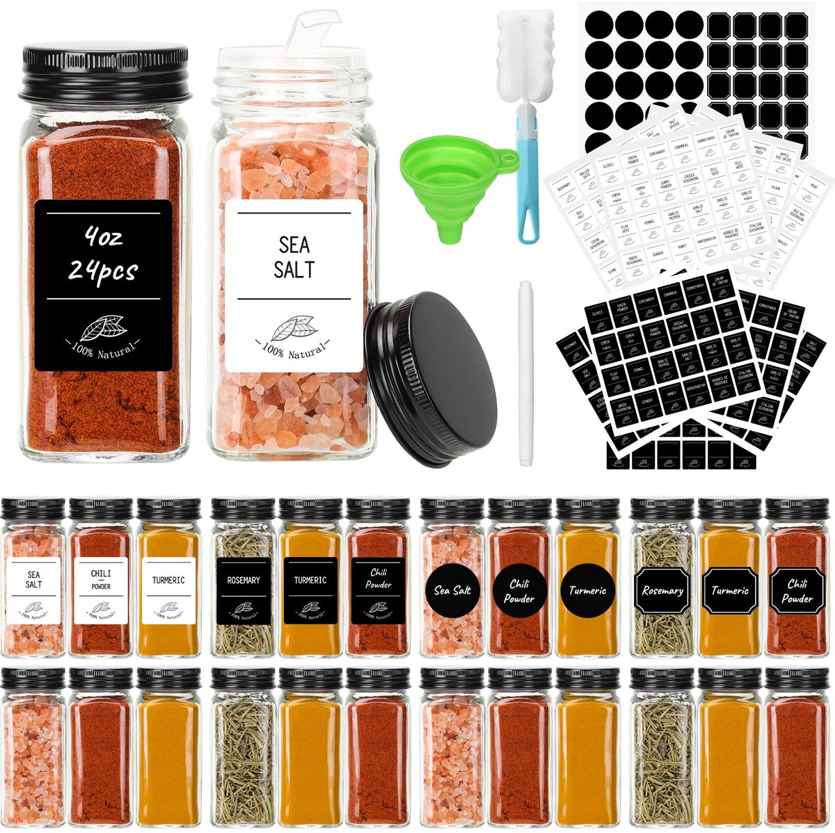 Unyqoos® Complete set van 24 glazen kruidenpotjes met metalen deksels en labels