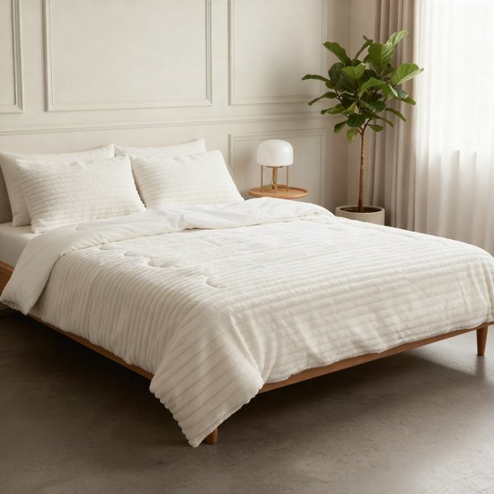 Wit geribd dekbed op een houten bed met twee kussens, plant en lamp.