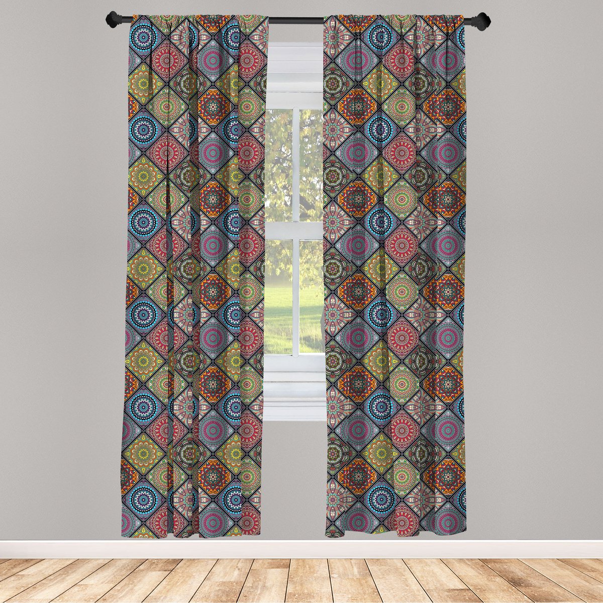 ABAKUHAUS Mandala – 2-delige Voorhang, Veelkleurig, Roedehoes 75×175 cm