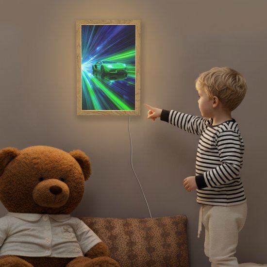 Nachtlampje 20x30 cm - Kinder lamp - Snelheid - Licht - Sportwagen - Groen - Tafellamp kinderkamer - Slaapkamer lamp - Bedlamp kinderen - Kinderlampje stopcontact - Wandlamp babykamer - Nachtlampjes van Decofun — afbeelding 5