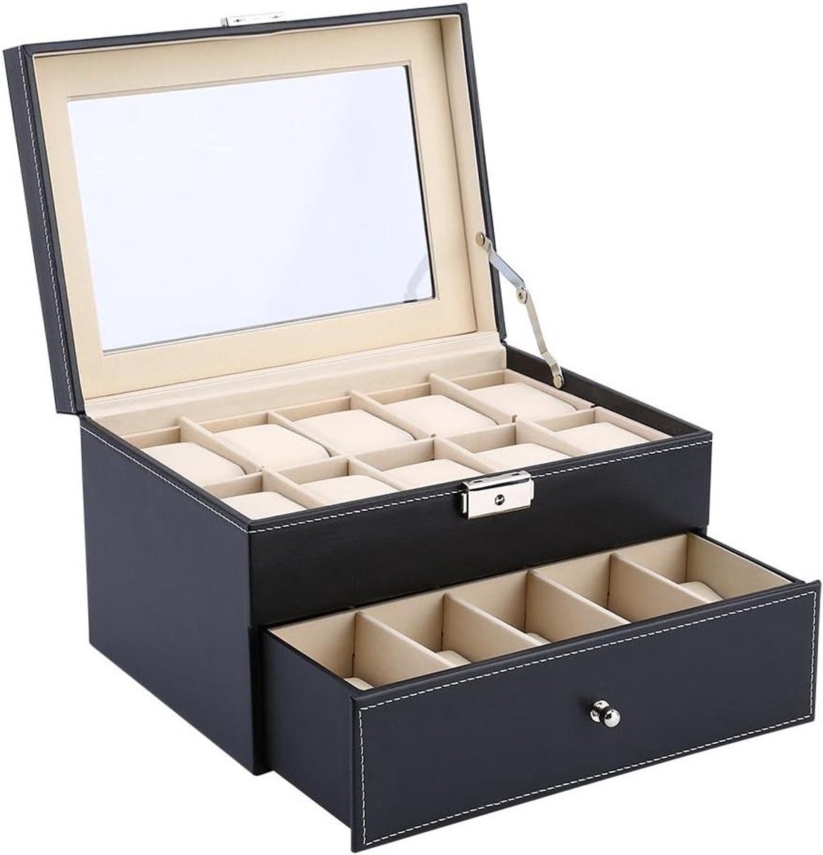 Houten horlogedoos voor het opbergen van 6, 10, 12, 20 of 24 horloges met PU-leer buitenkant - zwart fluweel interieur.