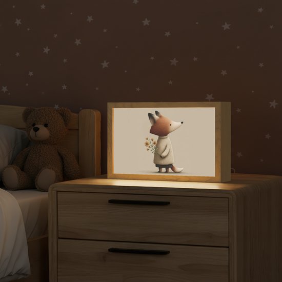 Nachtlampje 30x20 cm - Kinder lampje - Vos - Gele bloemen - Minimalistisch - Tafellamp kinderkamer - Slaapkamer lamp - Bedlamp kinderen - Kinderlampje stopcontact - Wandlamp babykamer - Nachtlampjes van OnlyWow — afbeelding 2