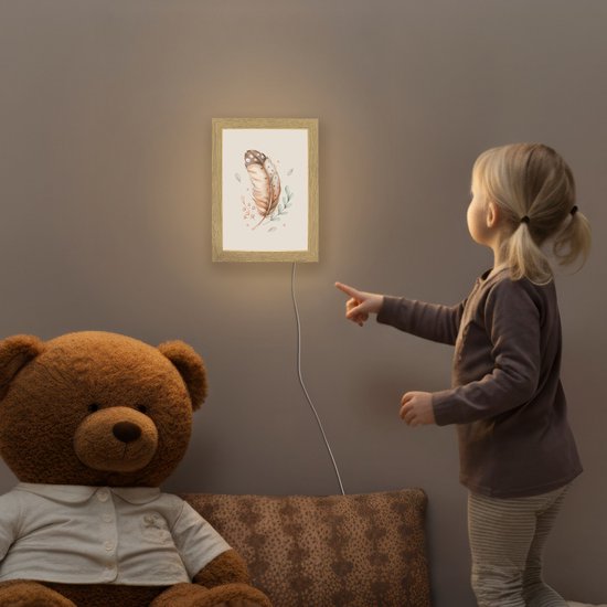 Nachtlampje 15x20 cm - Kinder lamp - Veer - Bohemian - Boho - Pastel kleuren - Tafellamp kinderkamer - Slaapkamer lamp - Bedlamp kinderen - Kinderlampje stopcontact - Wandlamp babykamer - Nachtlampjes van Merkloos — afbeelding 5