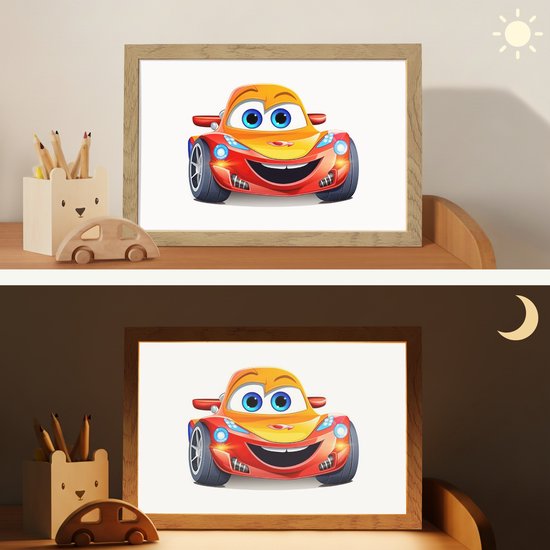 Nachtlampje 30x20 cm - Kinder lamp - Raceauto - Oranje - Jongens - Kinderen - Auto - Tafellamp kinderkamer - Slaapkamer lamp - Bedlamp kinderen - Kinderlampje stopcontact - Wandlamp babykamer - Nachtlampjes van Merkloos — afbeelding 4