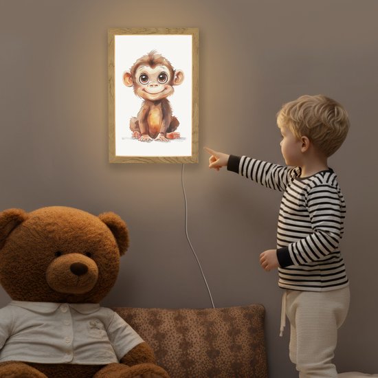 Nachtlampje 20x30 cm - Kinder lamp - Aap - Baby - Jungle dieren - Tafellamp kinderkamer - Slaapkamer lamp - Bedlamp kinderen - Kinderlampje stopcontact - Wandlamp babykamer - Nachtlampjes van Merkloos — afbeelding 5
