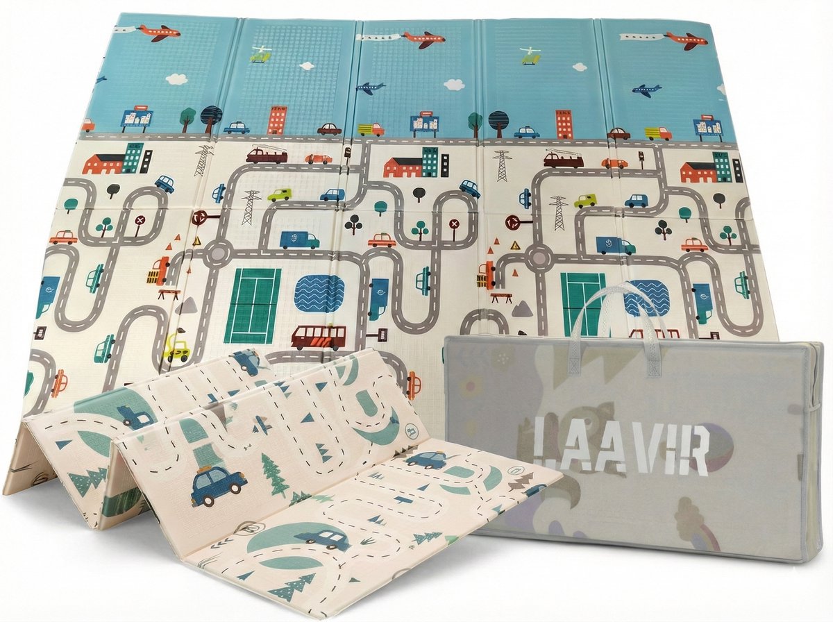 Laavir® Opvouwbare Baby Speelmat – 200x150 cm – Dubbelzijdig Auto- en Stadsontwerp – Foam Speelkleed met Opbergtas – Waterafstotend & Antislip – Blauw