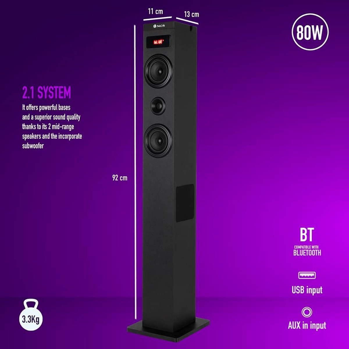 Draadloze Bluetooth Geluidstoren met Hoge Bas, Optische Ingang en FM-radio