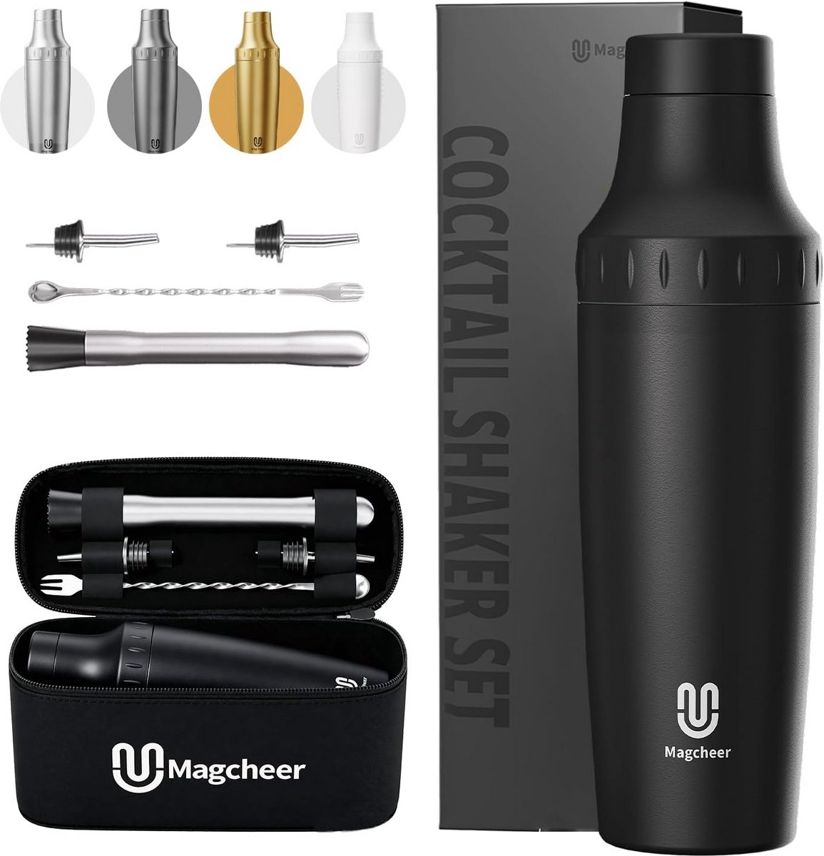 Professionele Cocktail Shaker Set RVS - Inclusief Zeef & Maatbeker - Vakuum Geïsoleerd - Zwart