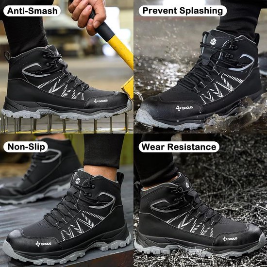 COOU Veiligheidsschoenen Heren Dames Lichtgewicht Veiligheidslaarzen met Stalen Neus Werkschoenen Ademend Comfortabele Beschermende Sneakers 8081 Zwart/42