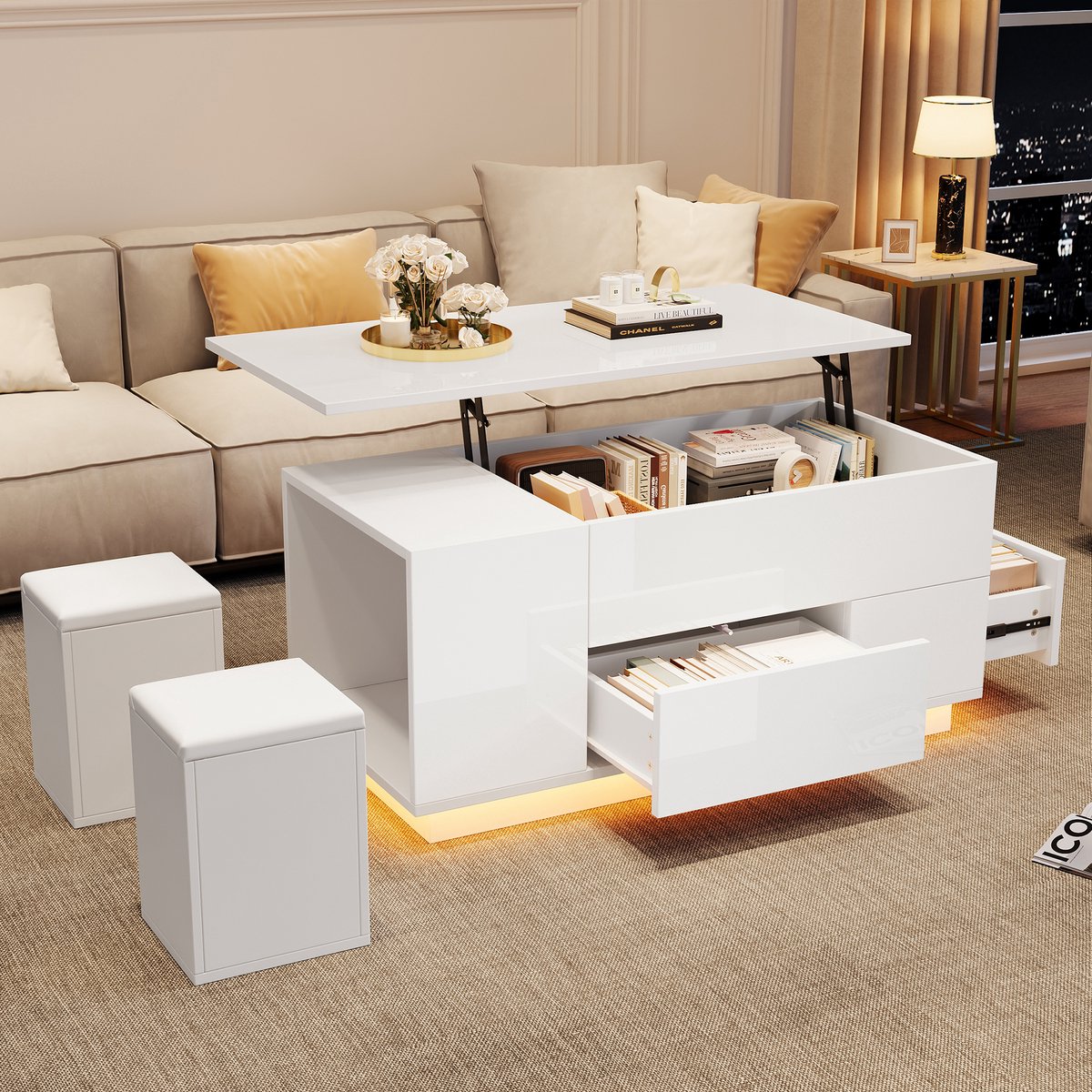 Wishdor Salontafel 100x50x45 cm van spaanplaat, hoogglans wit met LED en verstelbare hoogte