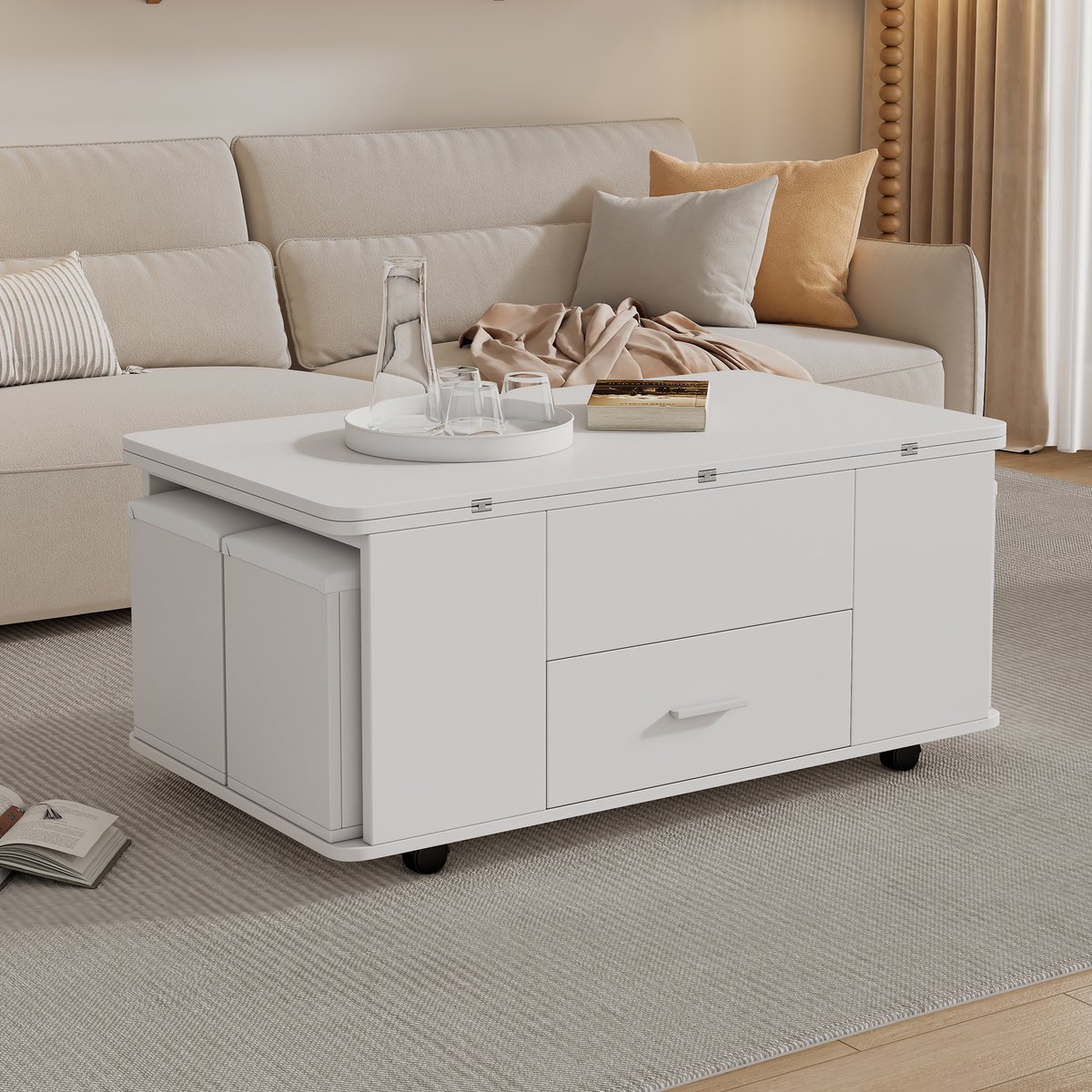 Wishdor Salontafel 100 x 50 x 45 cm van spanplaat, in hoogte verstelbaar en uitklapbaar tot 100 x 100 cm, wit