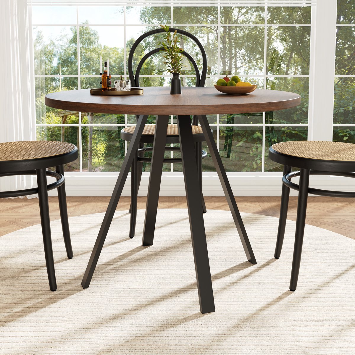 Wishdor Ronde eettafel 80x80x75 cm van MDF en metaal, walnoot blad en zwarte poten, industrieel design