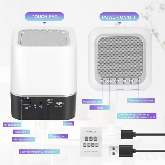 Slim Nachtlampje Met Oplaadfunctie, Dimbare LED Sfeerverlichting, Wekker En Bluetooth Speaker - Draadloze Oplader Voor Je Slaapkamer