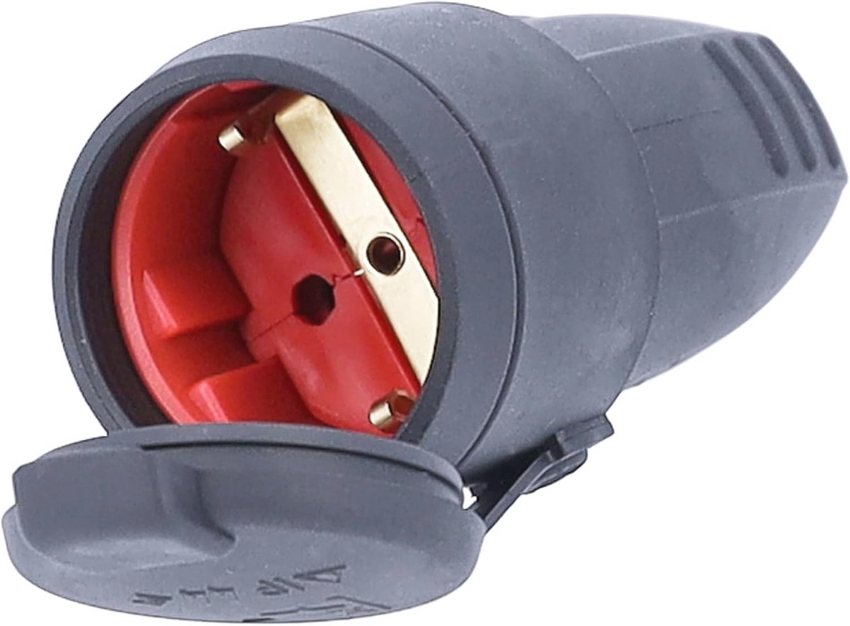 Gummi-Kupplung voor Buiten, Veiligheidssluiting met Beschermkap, Geschikt voor Leidingen tot 2,5mm², 230V, 16A, IP44, Zwart