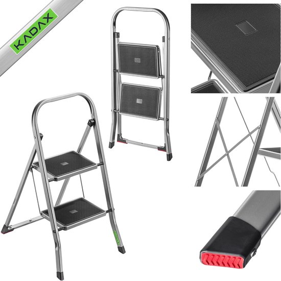 KADAX aluminium ladder 4 treden, vouwbare staande ladder met handgreep, belastbaar tot 150 kg, trapladder met vak voor penselen en antislipvoeten