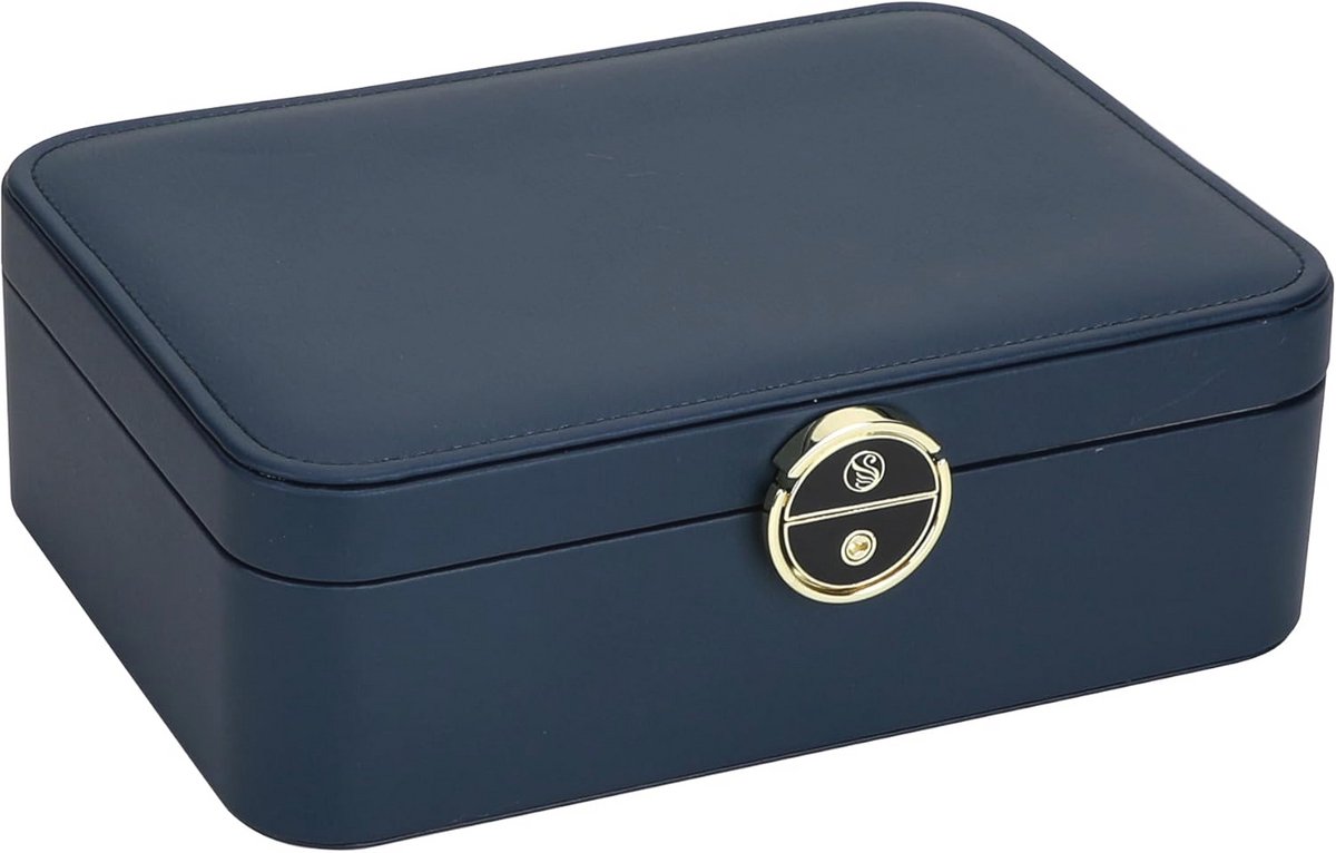 Moderne afsluitbare juwelendoos voor sieraden, dubbellaags opslag voor haaraccessoires, donkerblauw