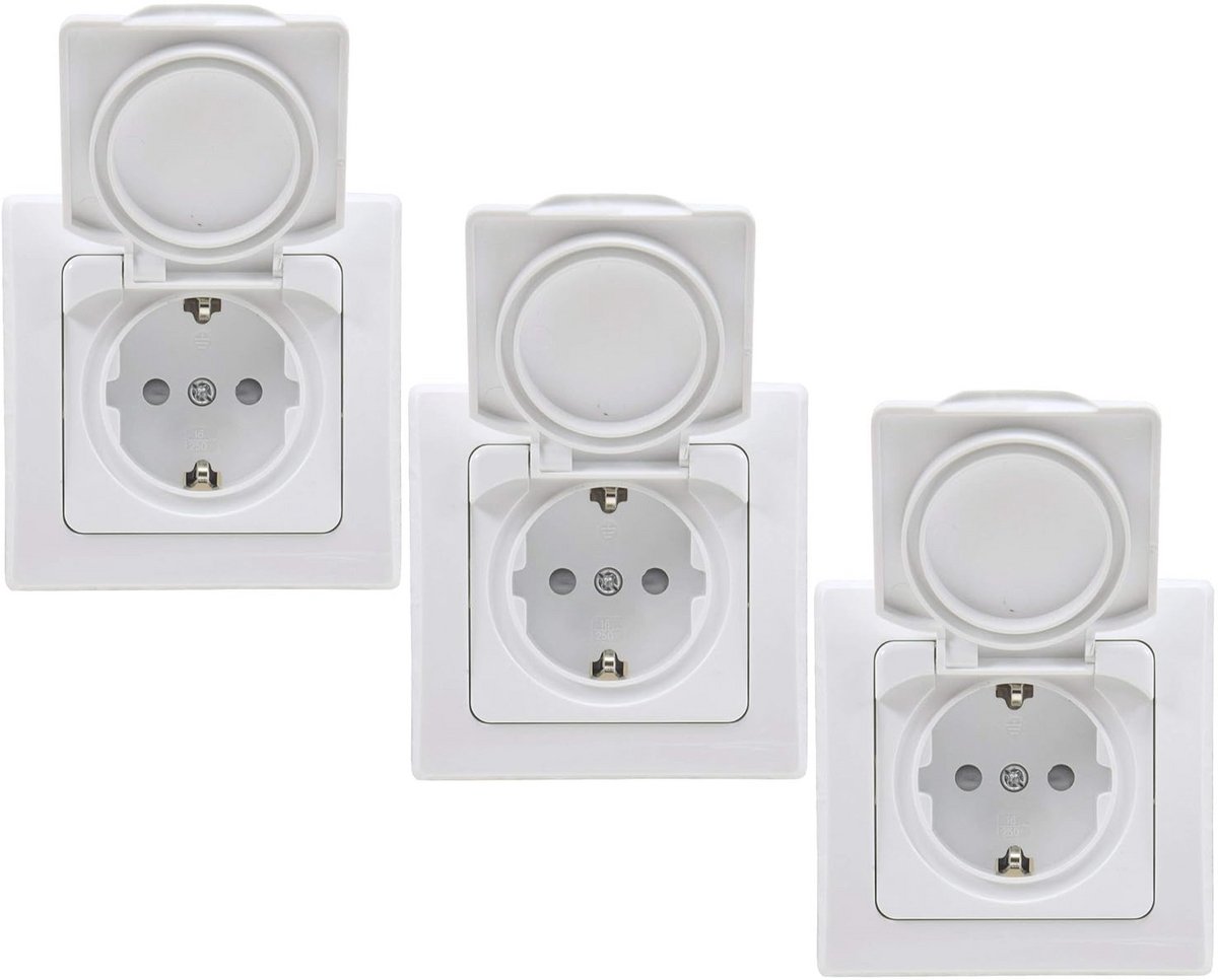 Inbouwstopcontact voor Badkamer en Keuken, IP44, Vochtige Ruimtes, 3 Stuks, Met Klapdeksel, Wit