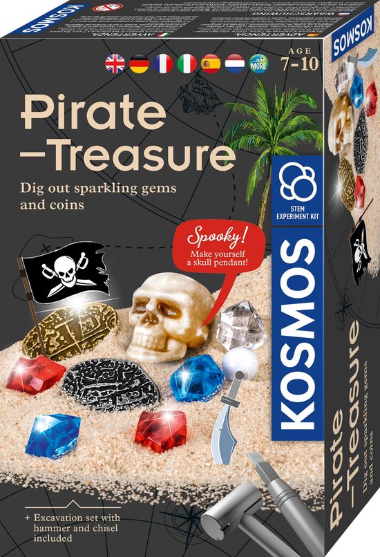 KOSMOS Dig Out Pirate Treasure - Opgravingsset - Graaf een Piratenschat Op - Inclusief Munten, Edelstenen, Parels en Schedelhanger - Maak Je Eigen Sleutelhanger - STEM Speelgoed - Vanaf 7 Jaar