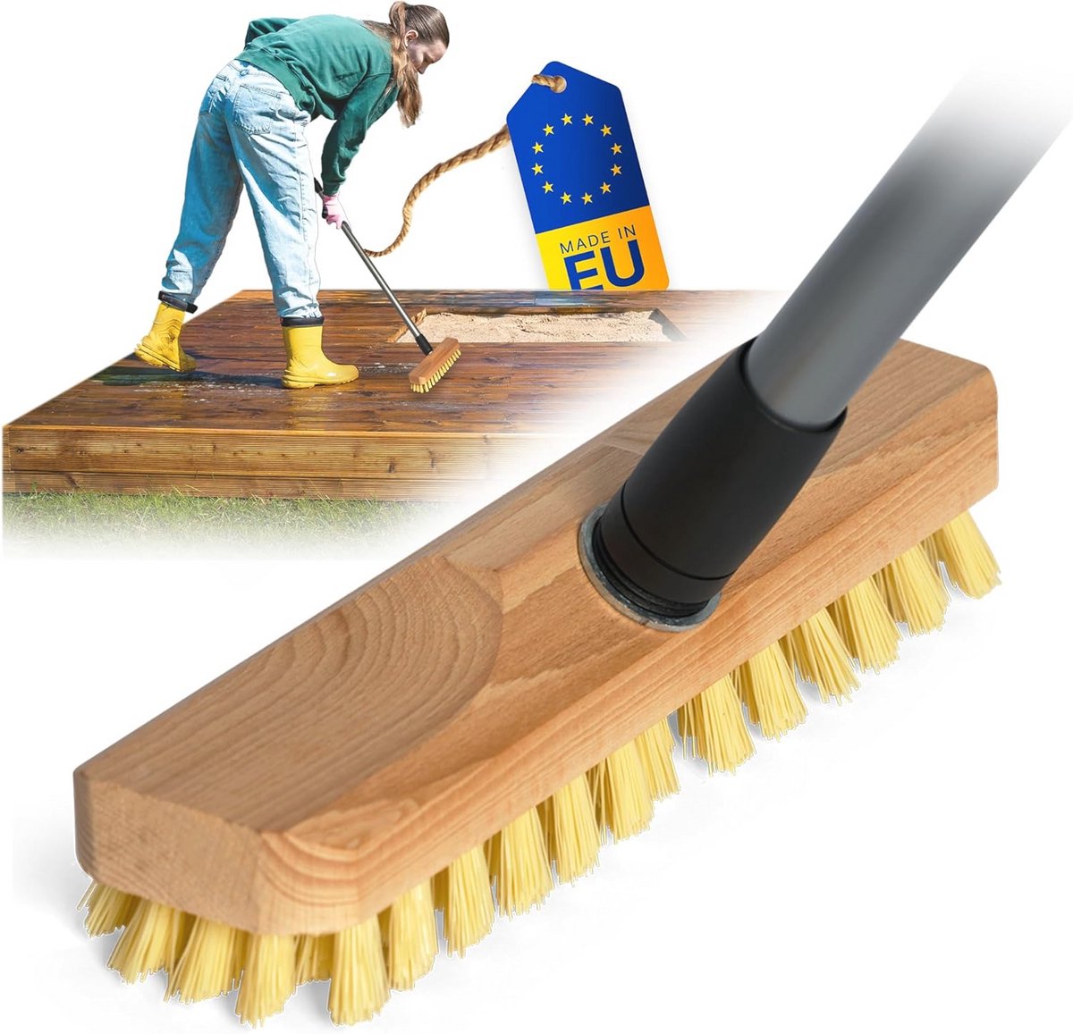 Houten schrobber met telescoopsteel en schuurborstel voor binnen en buiten