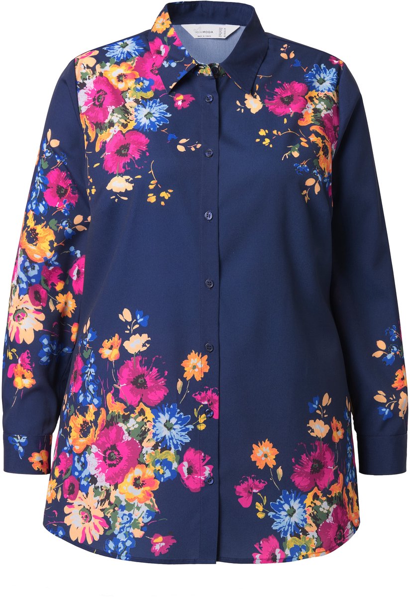 MIAMODA - Dames - Blouse A-lijn bloemmotief lange mouwen - Donkerblauw - Maat 44
