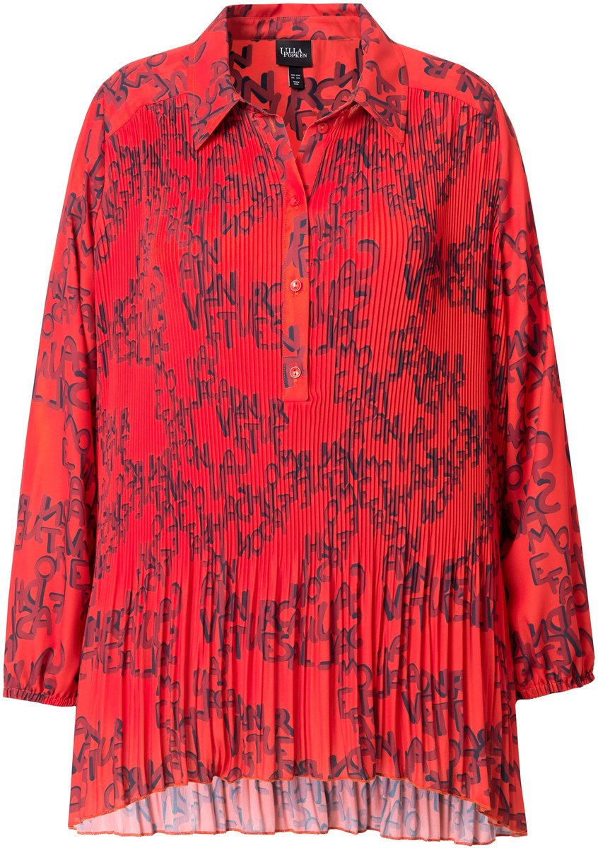 Ulla Popken - Dames - Geplooide blouse opschrift A-lijn overhemdkraag - Rood - Maat 46+