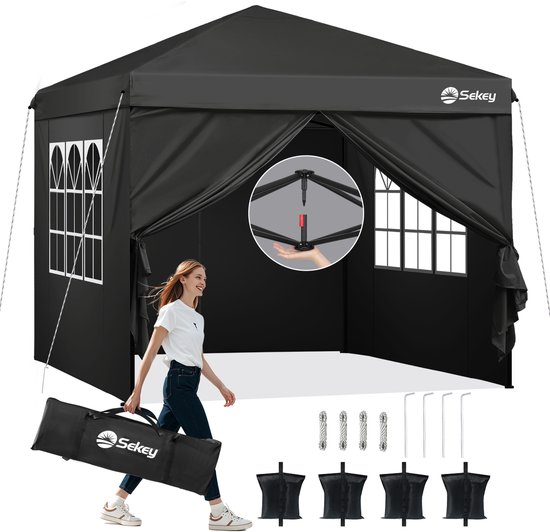 Sekey Premium pop-up paviljoen, 3 x 3 cm, waterdicht, stabiel, 3 x 3 m, paviljoen met zijwanden, inklapbaar paviljoen, partytent, opvouwbaar voor campingfeest, in hoogte verstelbaar, 250-270 cm, kaki