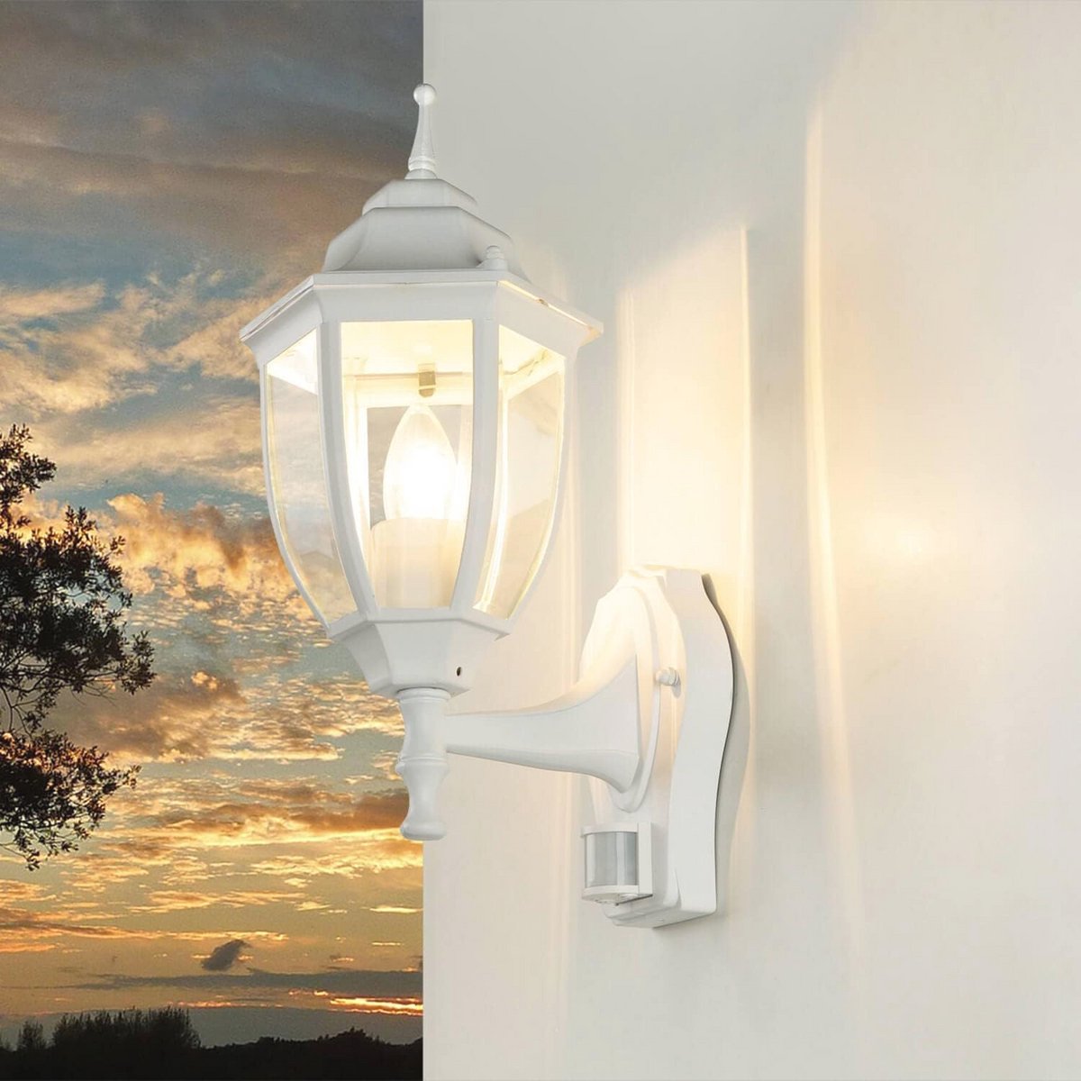 Witte buitenlamp met bewegingssensor voor terras en entree IP44