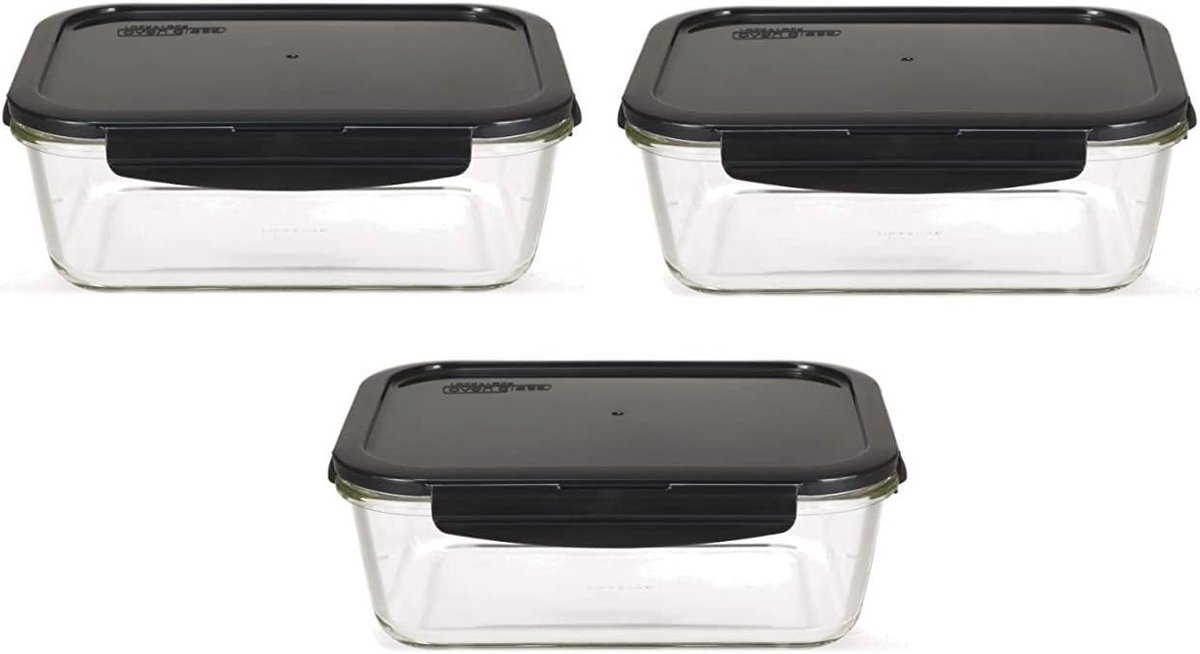 Glazen voedselopslagcontainers set van 3 – vierkante borosilicaat glas bakjes voor oven, magnetron en vriezer – 1 liter