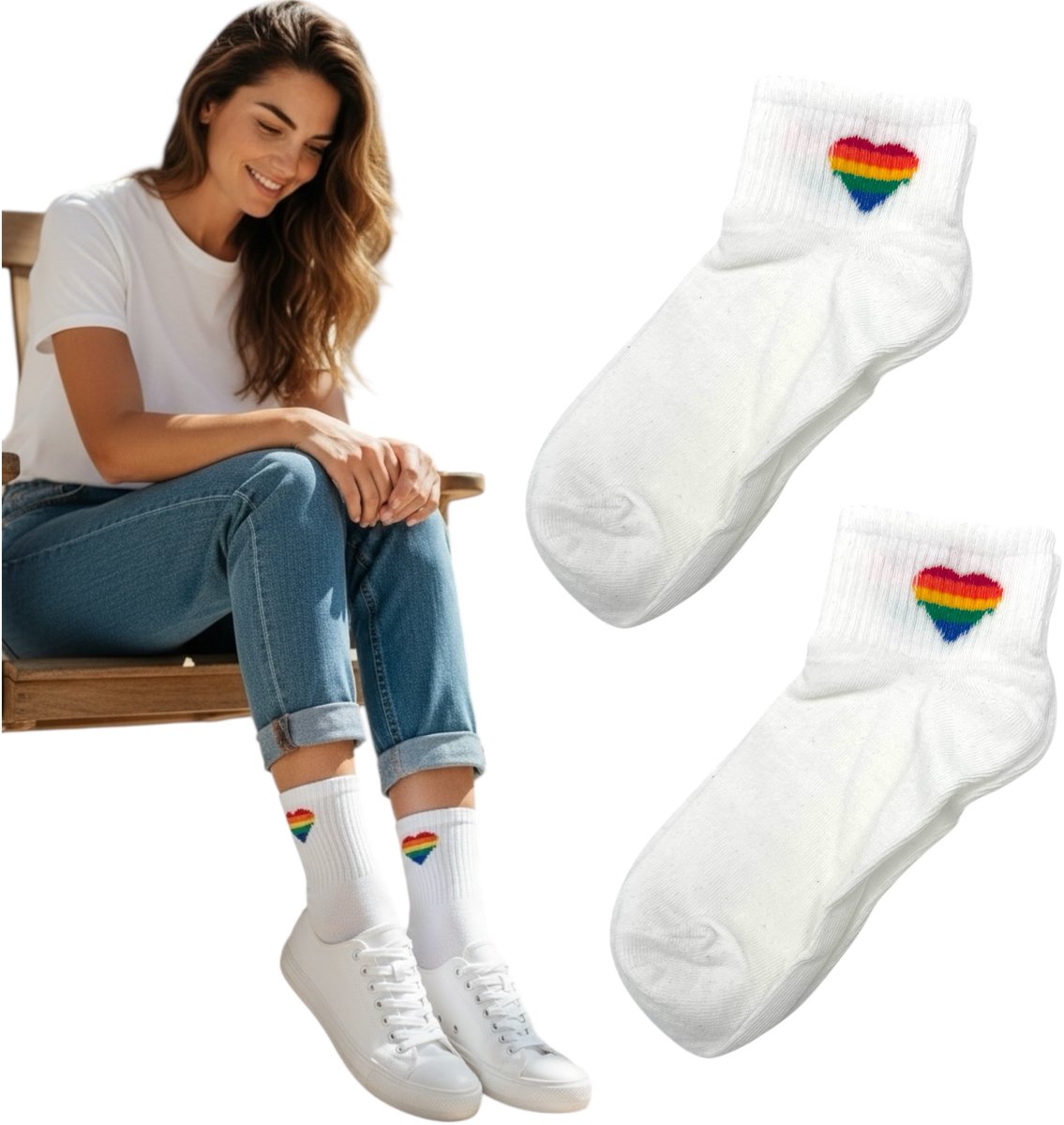 Witte Enkelsokken met Regenboog Hart – One Size - Zacht, Fris & Positief (1 Paar)