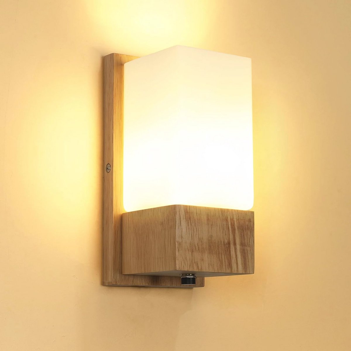Vintage Houten Wandlamp met Glazen Kap voor Slaapkamer, Hal en Woonkamer - E27 Fitting